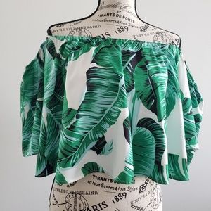 Island print off the shoulder crop top